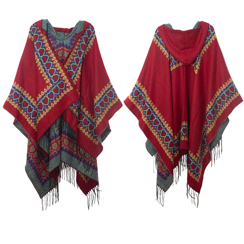 Mantón tibetano de Buddha Stones , capa con capucha y borla de corazón de amor rojo, bufanda de viaje acogedora para invierno - image 14