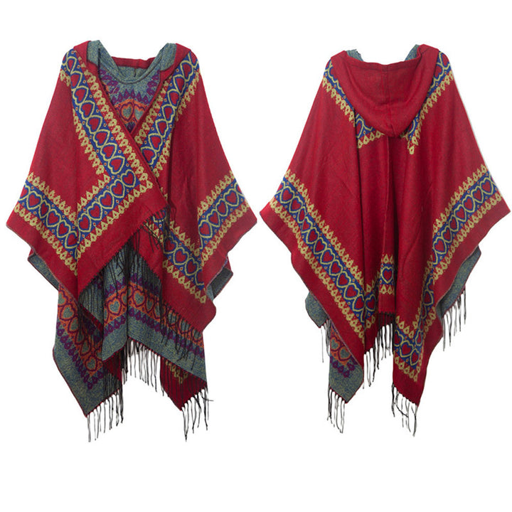 Mantón tibetano de Buddha Stones , capa con capucha y borla de corazón de amor rojo, bufanda de viaje acogedora para invierno - image 14