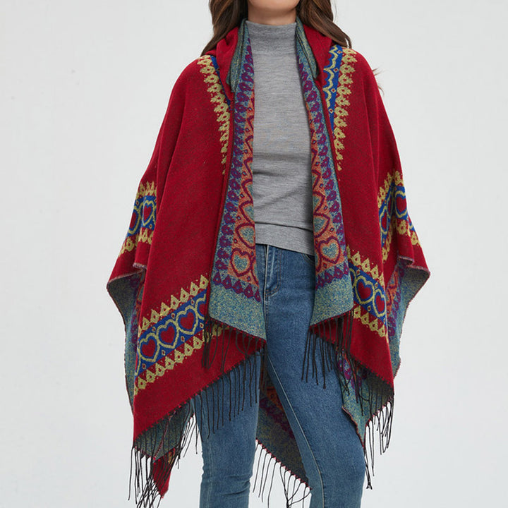 Mantón tibetano de Buddha Stones , capa con capucha y borla de corazón de amor rojo, bufanda de viaje acogedora para invierno - image 16