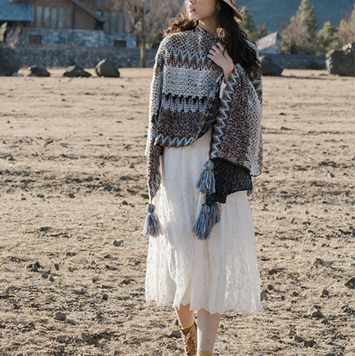 Mantón tibetano de piedras de Buddha Stones, bufanda de viaje acogedora para invierno con borlas de punto a rayas grises y marrones - image 8