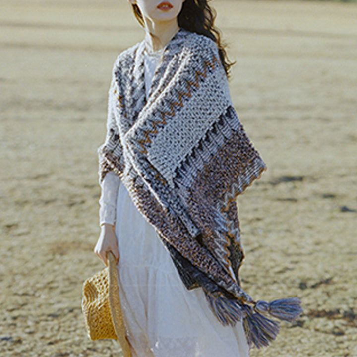 Mantón tibetano de piedras de Buddha Stones, bufanda de viaje acogedora para invierno con borlas de punto a rayas grises y marrones - image 13