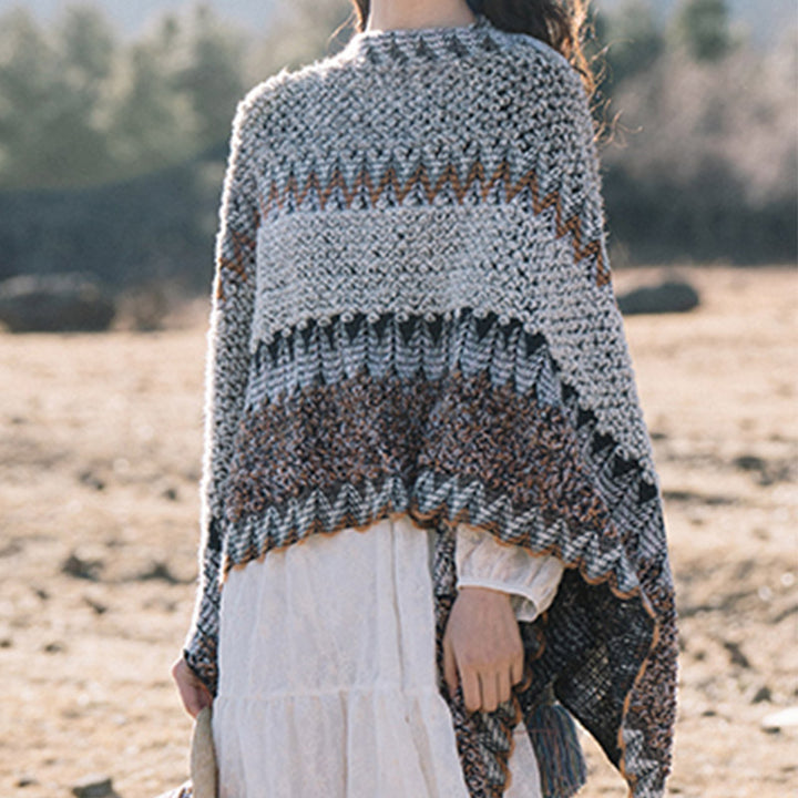 Mantón tibetano de piedras de Buddha Stones, bufanda de viaje acogedora para invierno con borlas de punto a rayas grises y marrones - image 12