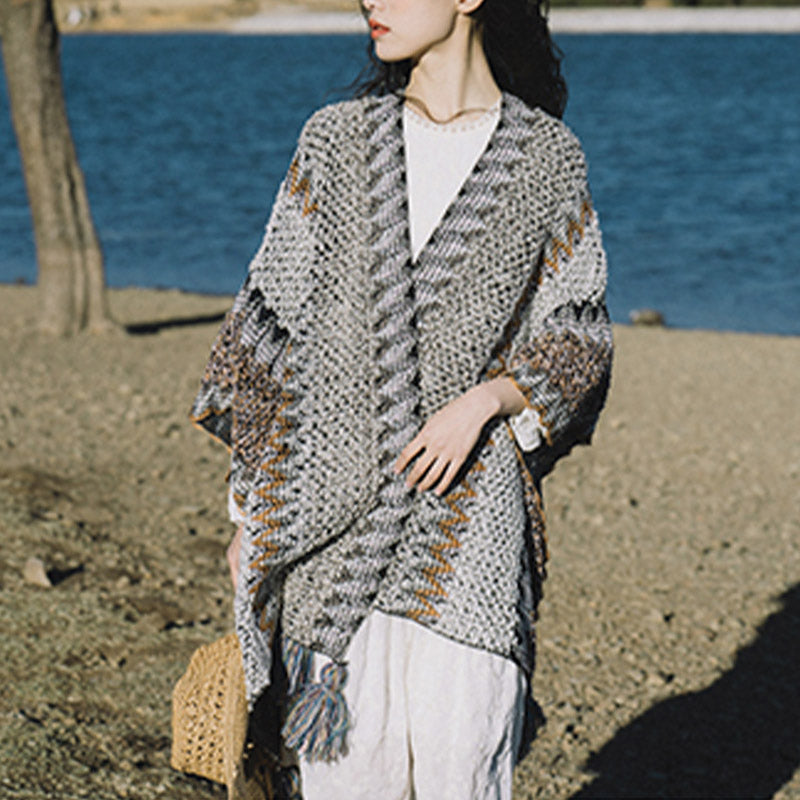 Mantón tibetano de piedras de Buddha Stones, bufanda de viaje acogedora para invierno con borlas de punto a rayas grises y marrones - image 16