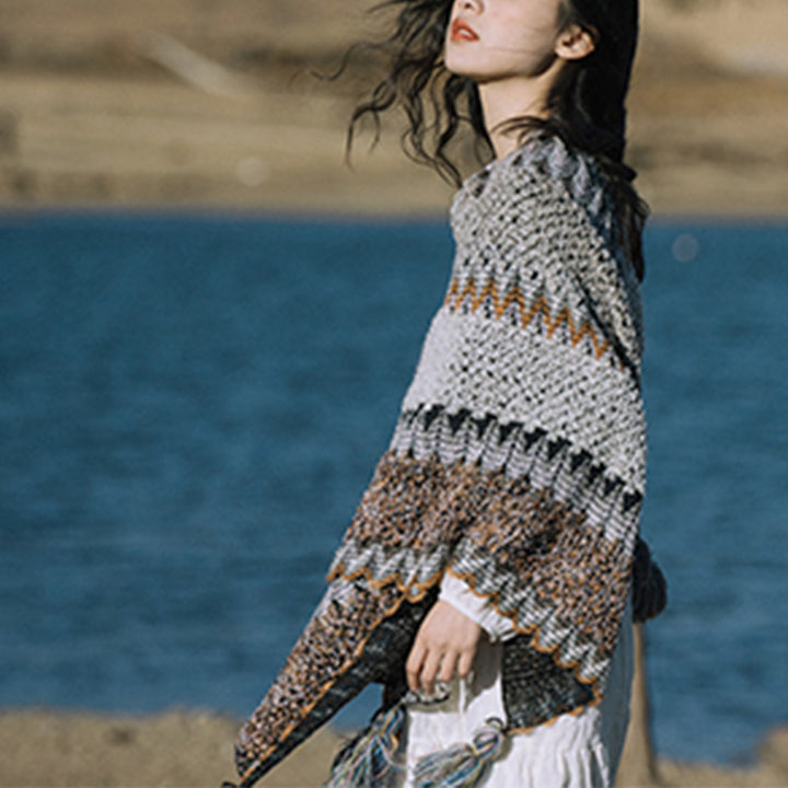 Mantón tibetano de piedras de Buddha Stones, bufanda de viaje acogedora para invierno con borlas de punto a rayas grises y marrones - image 17