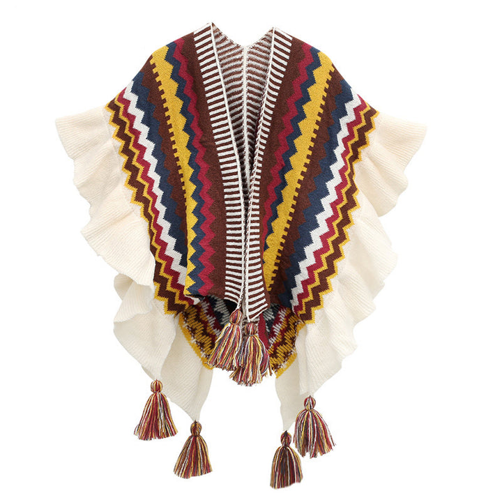 Mantón tibetano de Buddha Stones, bufanda de viaje acogedora de invierno con borlas de línea ondulada a rayas coloridas - Beige, amarillo, marrón, 85 x 135 cm - image 14