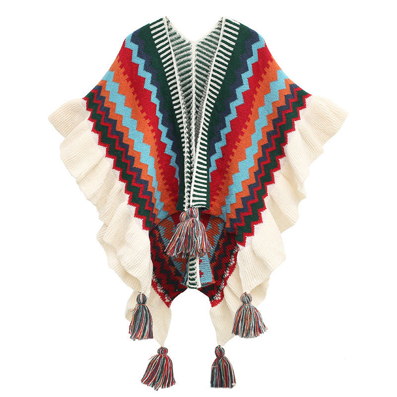 Mantón tibetano de Buddha Stones, bufanda de viaje acogedora de invierno con borlas de línea ondulada a rayas coloridas - Beige Rojo Azul 85*135cm - image 20