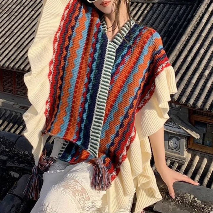 Mantón tibetano de Buddha Stones, bufanda de viaje acogedora de invierno con borlas de línea ondulada a rayas coloridas - image 21