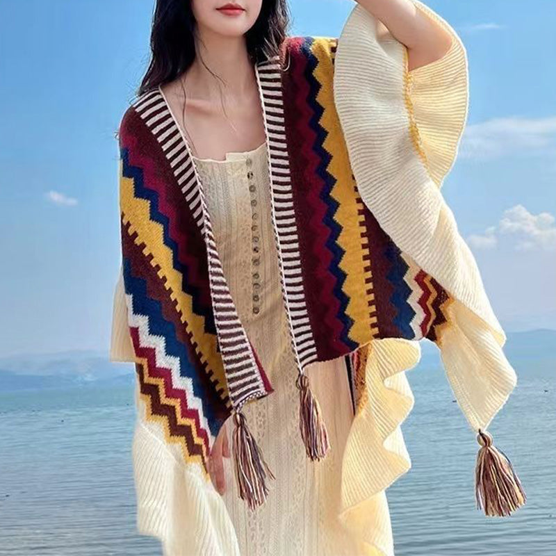Mantón tibetano de Buddha Stones, bufanda de viaje acogedora de invierno con borlas de línea ondulada a rayas coloridas - image 18