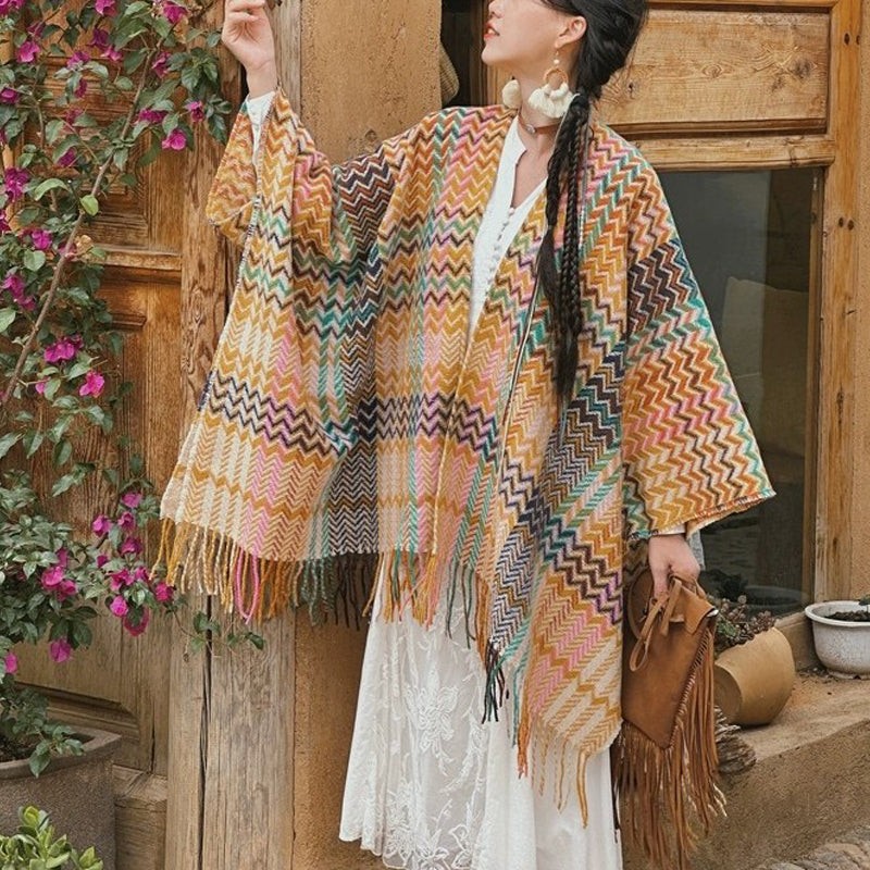 Chal tibetano con Buddha Stones , coloridas formas onduladas a rayas, borlas, bufanda de viaje acogedora para invierno - Verde amarillo - image 0