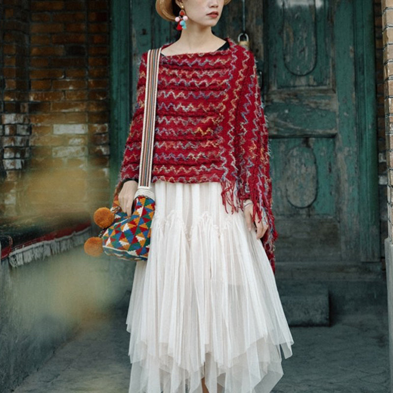Buddha Stones tibetano colorido chal a rayas borlas jersey invierno acogedor viaje bufanda abrigo - Rojo 85*75cm - image 0