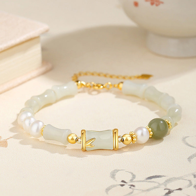 Pulsera de bendición de la suerte de bambú de jade blanco hetiano natural de plata de ley 925 con Buddha Stones - Jade Blanco Hetian (Protección ♥Felicidad) (Circunferencia de la muñeca 14-20 cm) - image 0