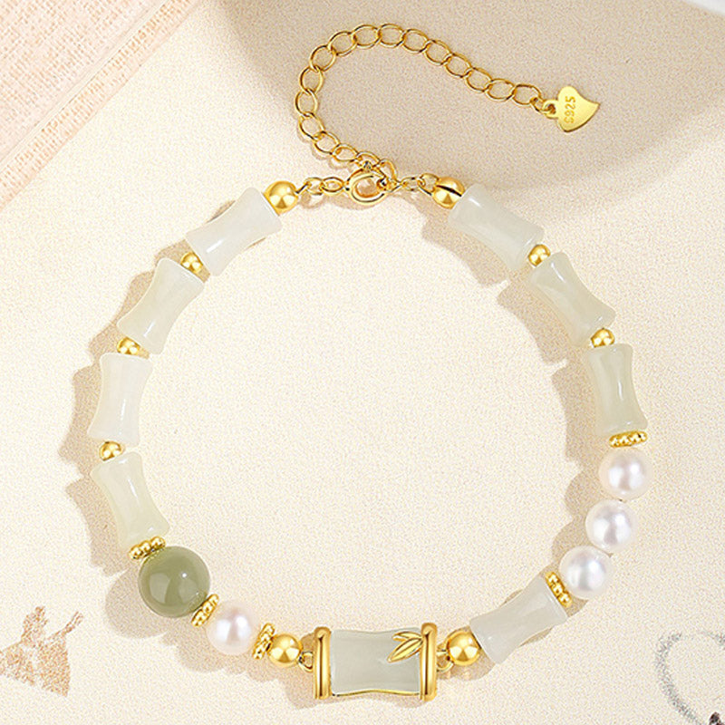 Pulsera de bendición de la suerte de bambú de jade blanco hetiano natural de plata de ley 925 con Buddha Stones - image 3