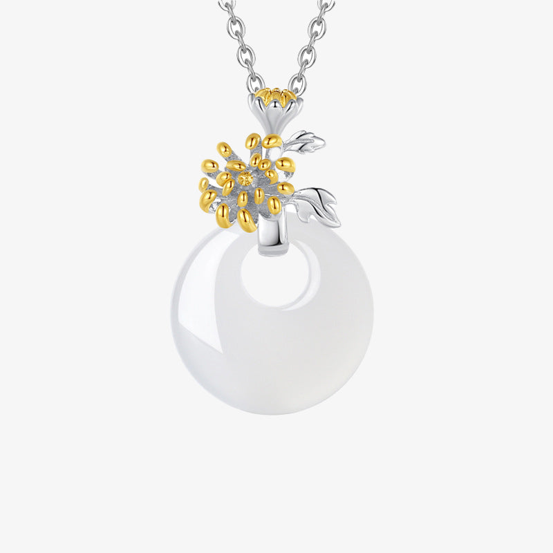 Colgante de collar de armonía de flores de doce meses de calcedonia redonda de plata de ley 925 con Buddha Stones - Crisantemo - image 21
