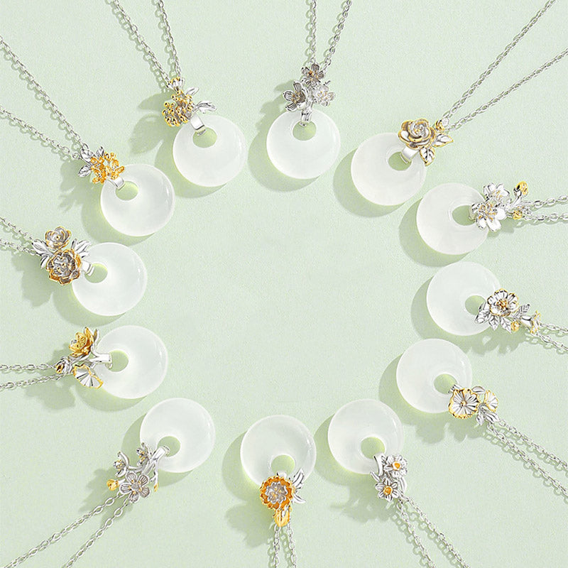 Colgante de collar de armonía de flores de doce meses de calcedonia redonda de plata de ley 925 con Buddha Stones - image 0