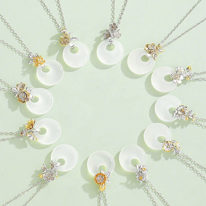 Colgante de collar de armonía de flores de doce meses de calcedonia redonda de plata de ley 925 con Buddha Stones - image 0