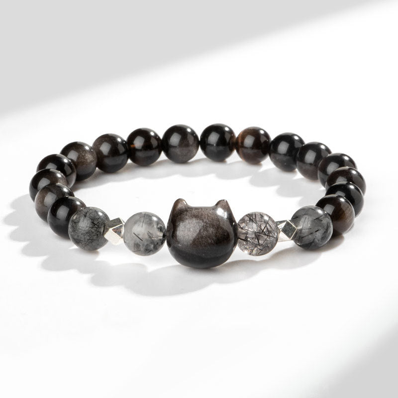 Pulsera de protección de cabeza de gato linda obsidiana con brillo de plata natural con Buddha Stones - Obsidiana plateada brillante (circunferencia de la muñeca: 14-15 cm) - image 1