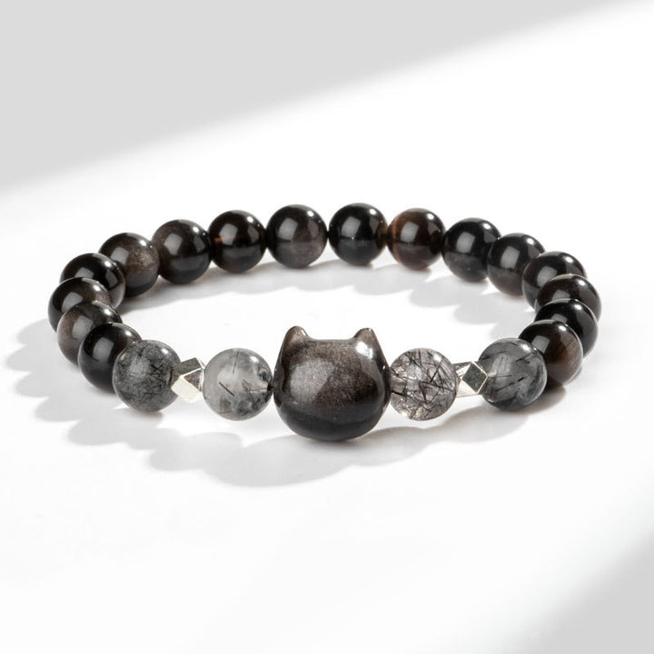 Pulsera de protección de cabeza de gato linda obsidiana con brillo de plata natural con Buddha Stones - Obsidiana plateada brillante (circunferencia de la muñeca: 14-15 cm) - image 1