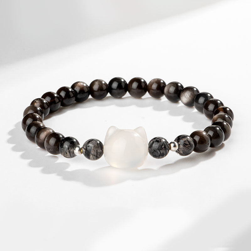 Pulsera de protección de cabeza de gato linda obsidiana con brillo de plata natural con Buddha Stones - Obsidiana plateada brillante y ágata blanca (circunferencia de muñeca: 14-15 cm) - image 7