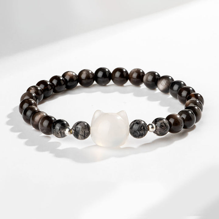 Pulsera de protección de cabeza de gato linda obsidiana con brillo de plata natural con Buddha Stones - Obsidiana plateada brillante y ágata blanca (circunferencia de muñeca: 14-15 cm) - image 7