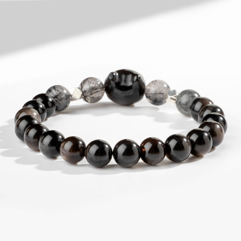 Pulsera de protección de cabeza de gato linda obsidiana con brillo de plata natural con Buddha Stones - image 4