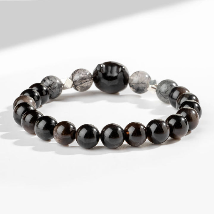 Pulsera de protección de cabeza de gato linda obsidiana con brillo de plata natural con Buddha Stones - image 4