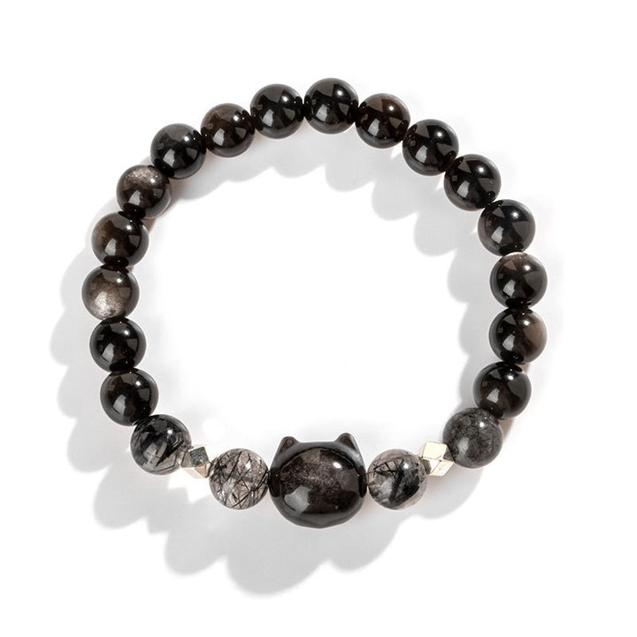 Pulsera de protección de cabeza de gato linda obsidiana con brillo de plata natural con Buddha Stones - image 6