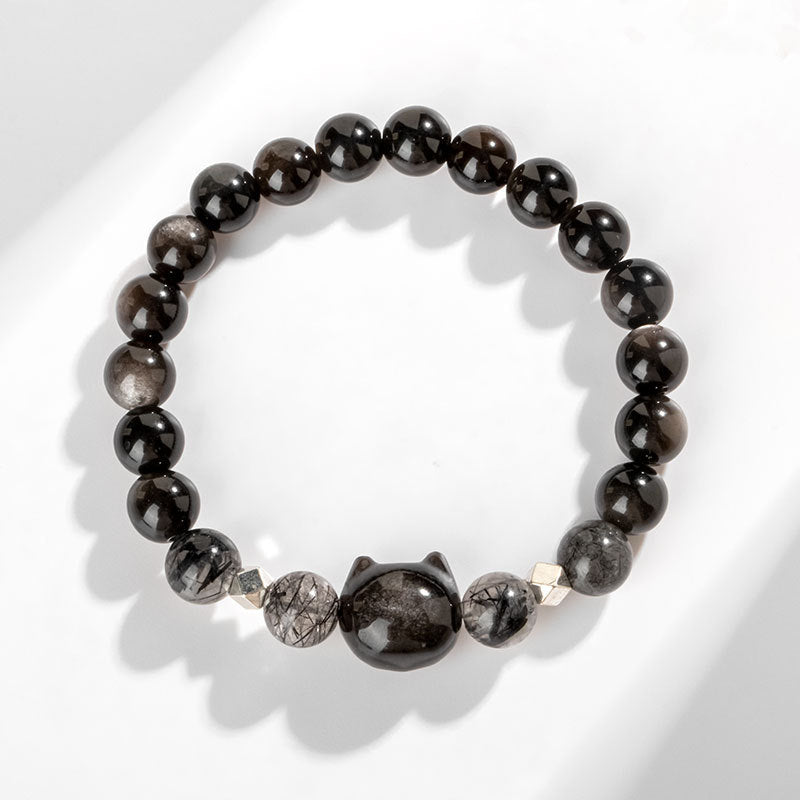 Pulsera de protección de cabeza de gato linda obsidiana con brillo de plata natural con Buddha Stones - image 3