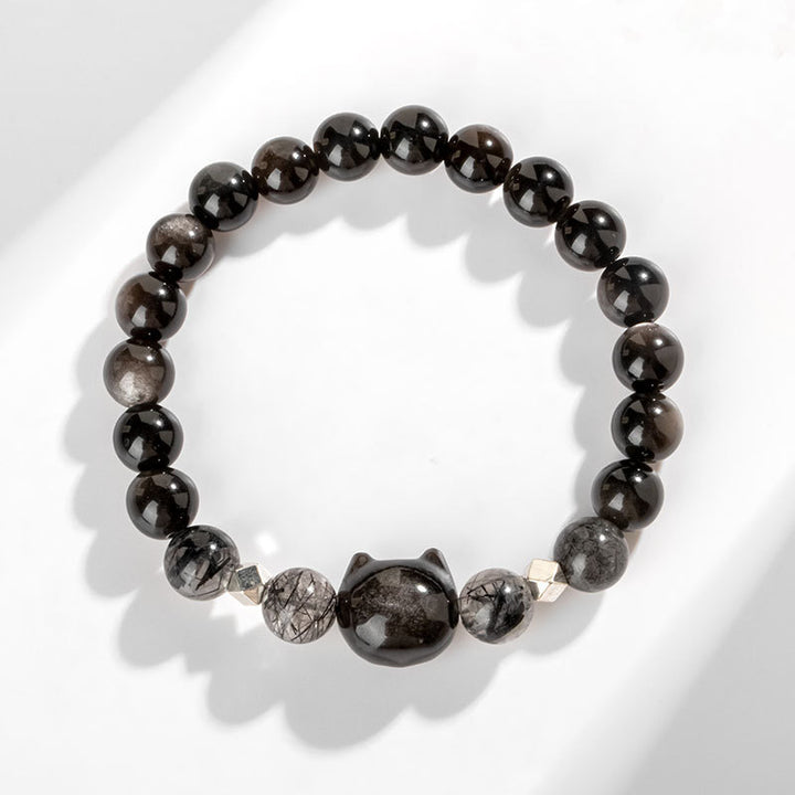 Pulsera de protección de cabeza de gato linda obsidiana con brillo de plata natural con Buddha Stones - image 3