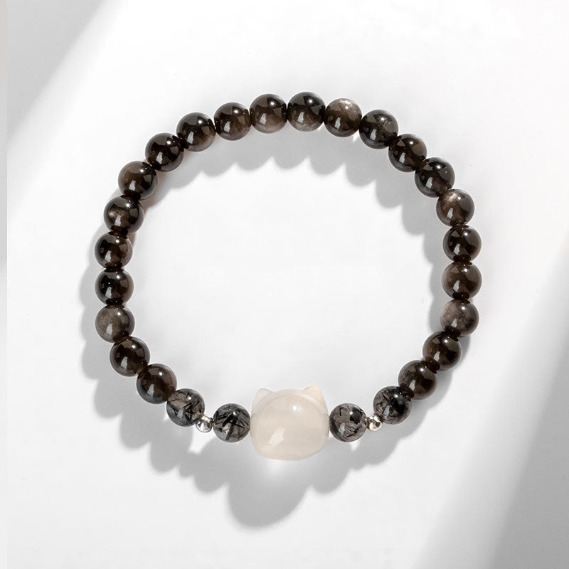 Pulsera de protección de cabeza de gato linda obsidiana con brillo de plata natural con Buddha Stones - image 8