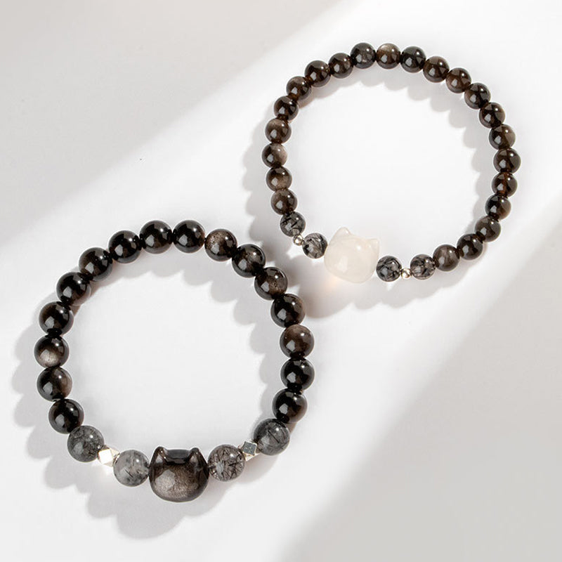 Pulsera de protección de cabeza de gato linda obsidiana con brillo de plata natural con Buddha Stones - image 2