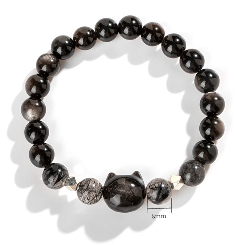 Pulsera de protección de cabeza de gato linda obsidiana con brillo de plata natural con Buddha Stones - image 5