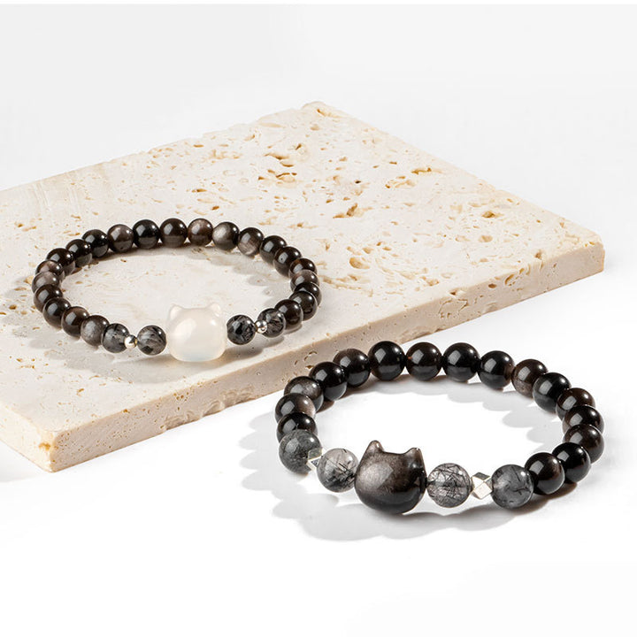 Pulsera de protección de cabeza de gato linda obsidiana con brillo de plata natural con Buddha Stones - image 10