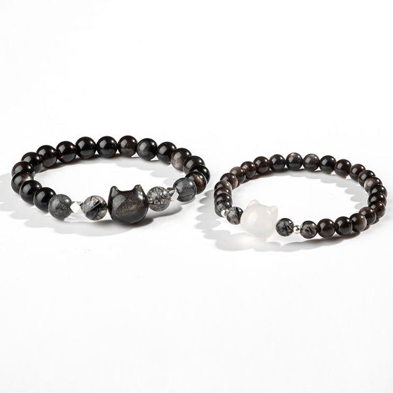 Pulsera de protección de cabeza de gato linda obsidiana con brillo de plata natural con Buddha Stones - image 9
