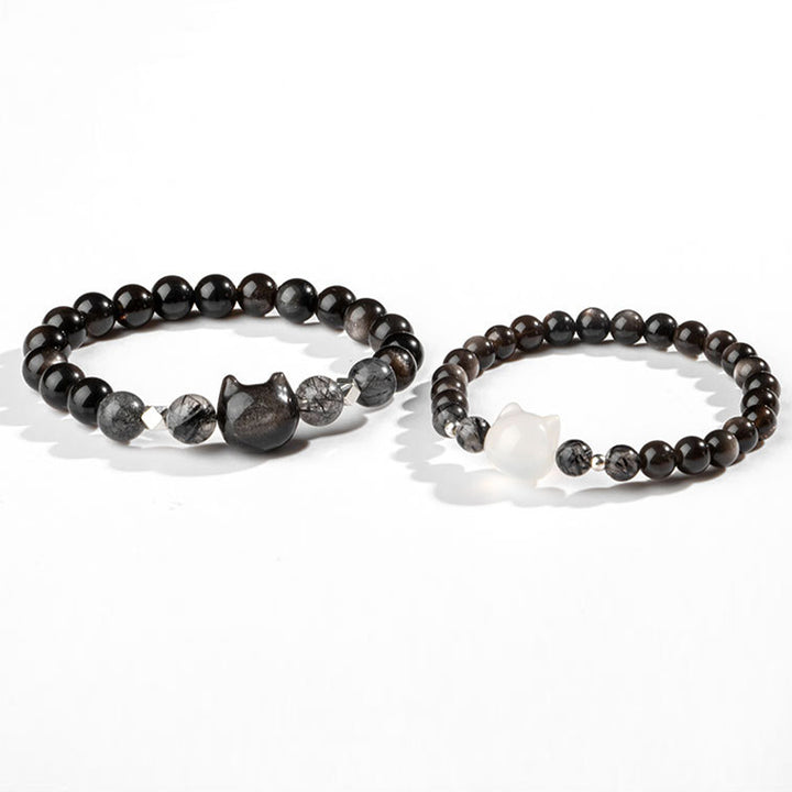 Pulsera de protección de cabeza de gato linda obsidiana con brillo de plata natural con Buddha Stones - image 9