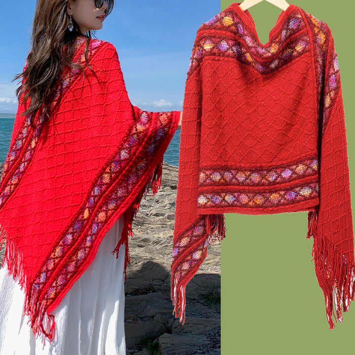 Buddha Stones Tibetano Colorido Patrón de rombos a rayas Mantón Borlas Jersey Invierno Acogedor Bufanda de viaje Abrigo - Rojo 150 cm x 55 cm - image 12