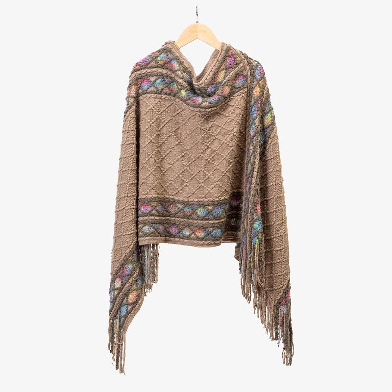 Buddha Stones Tibetano Colorido Patrón de rombos a rayas Mantón Borlas Jersey Invierno Acogedor Bufanda de viaje Abrigo - Caqui 150 cm x 55 cm - image 23