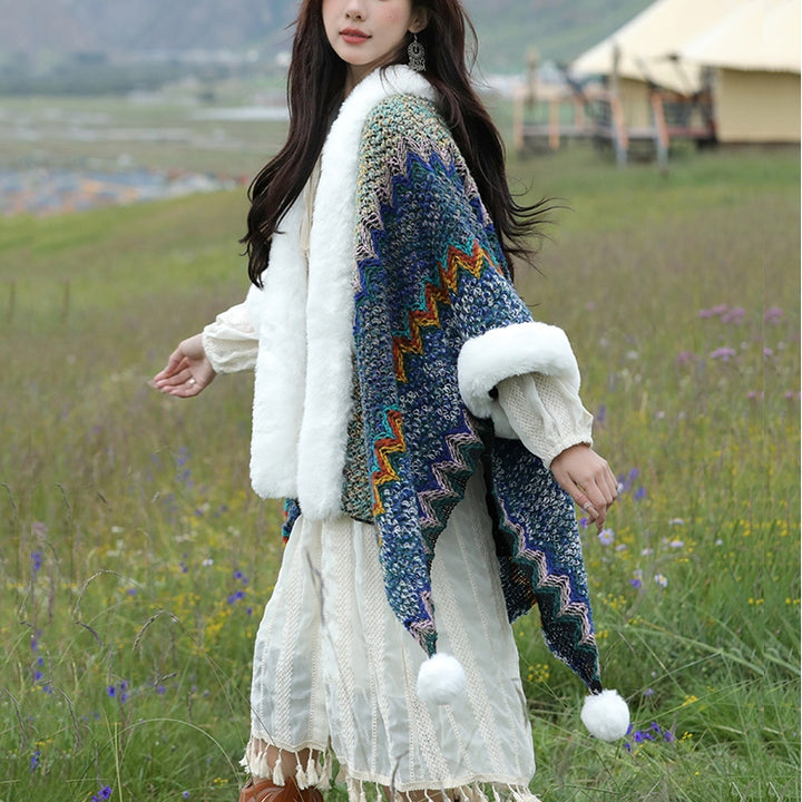 Buddha Stones tibetana multicolor líneas onduladas de punto a rayas chal abrigo invierno acogedor viaje bufanda abrigo - image 2