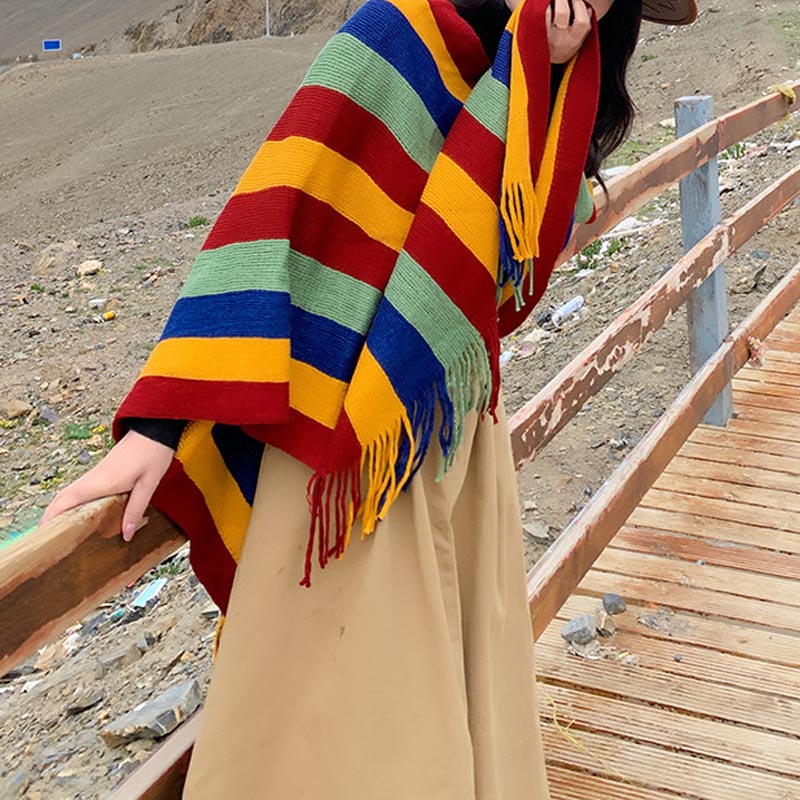 Bufanda de viaje acogedora para invierno con diseño de rayas tibetanas de Buddha Stones, chal con borlas - image 6