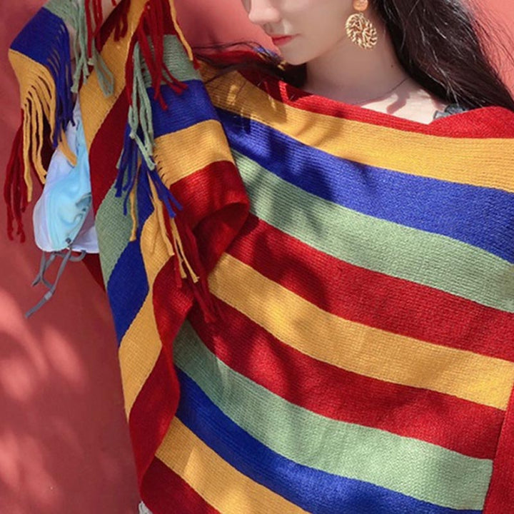 Bufanda de viaje acogedora para invierno con diseño de rayas tibetanas de Buddha Stones, chal con borlas - image 7