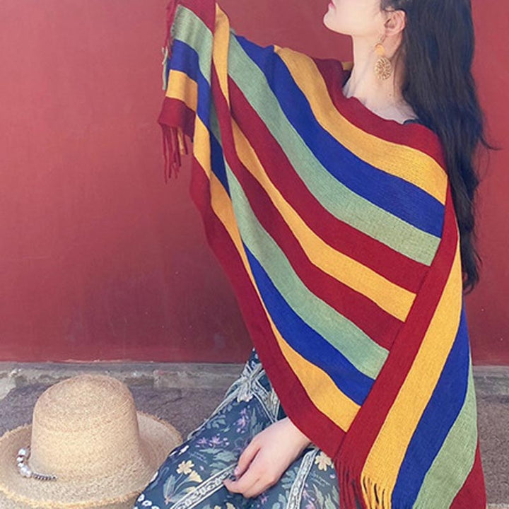 Bufanda de viaje acogedora para invierno con diseño de rayas tibetanas de Buddha Stones, chal con borlas - image 12