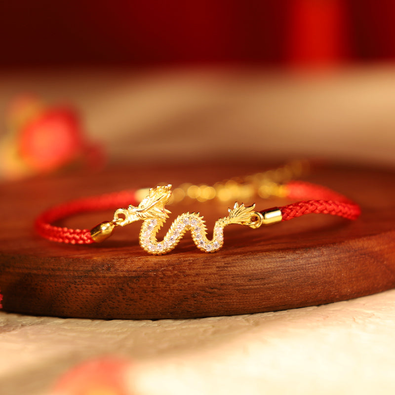 Pulsera de cadena de cuerda roja de la suerte del dragón dorado del Año del Dragón de Plata de Ley 925 con piedras de Buda - Pulsera de cuerda roja de dragón (circunferencia de muñeca: 14-18 cm) - image 0