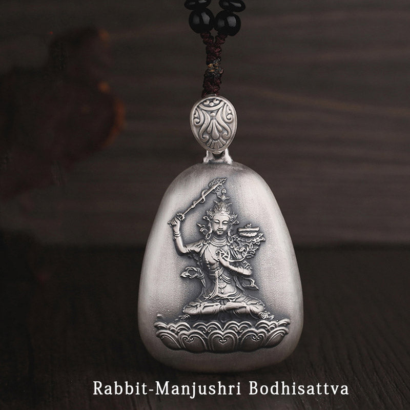 Collar con colgante de plata de ley 999 con Buddha Stones del zodíaco chino, corazón de Buda natal, Sutra grabado - Bodhisattva Conejo-Manjushri - image 13