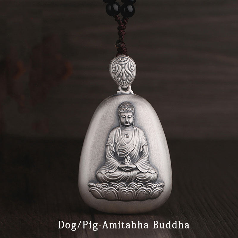 Collar con colgante de plata de ley 999 con Buddha Stones del zodíaco chino, corazón de Buda natal, Sutra grabado - Perro/Cerdo-Buda Amitabha - image 14