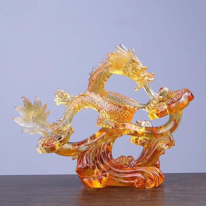 Buddha Stones Año del Dragón hecho a mano, mango Ruyi Liuli, pieza de arte con cristal, protección, decoración para el hogar y la Oficina - Pequeño dragón amarillo 22,5 x 8,5 x 17,8 cm/8,86 x 3,35 x 7,01 pulgadas - image 7