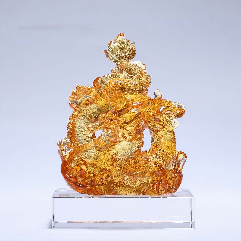 Buddha Stones Año del Dragón hecho a mano Liuli pieza de arte con cristal protección decoración de la Oficina del hogar con Base - Pequeño dragón amarillo 9 x 5,8 x 12,5 cm/3,54 x 2,28 x 4,92 pulgadas - image 9