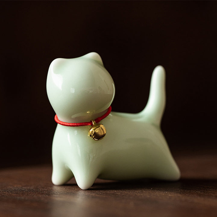 Buddha Stones Mini pequeño gato lindo té mascota cerámica hogar escritorio estatuilla decoración - Gato de pie 5*2,5*4,5 cm - Verde - image 3
