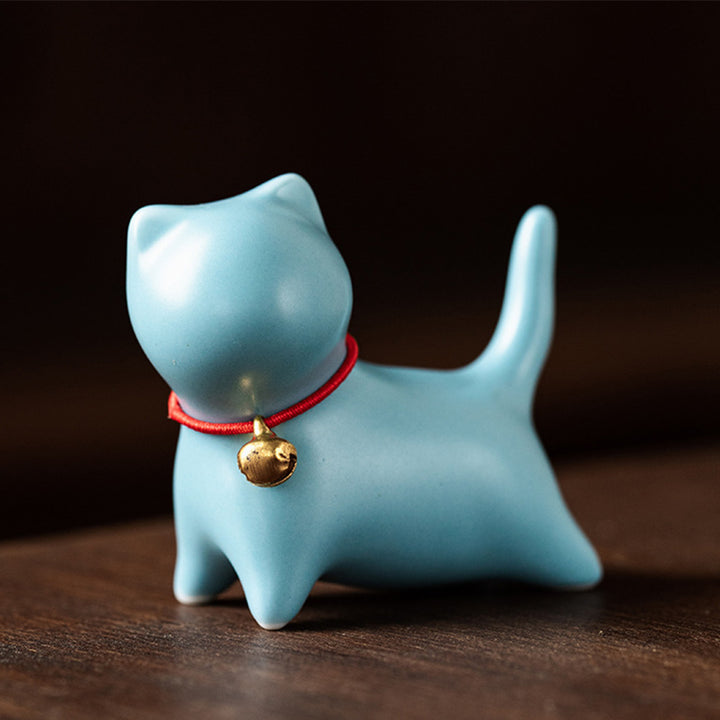 Buddha Stones Mini pequeño gato lindo té mascota cerámica hogar escritorio estatuilla decoración - Gato de pie 5*2,5*4,5 cm - Azul - image 11