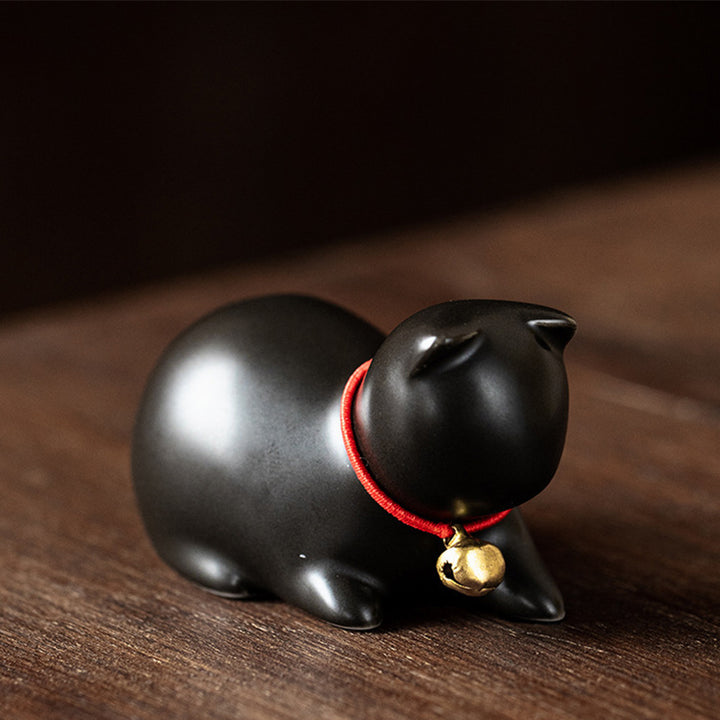 Buddha Stones Mini pequeño gato lindo té mascota cerámica hogar escritorio estatuilla decoración - Gato sentado 5*3*3cm - Negro - image 22