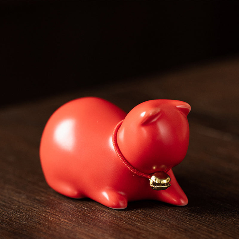 Buddha Stones Mini pequeño gato lindo té mascota cerámica hogar escritorio estatuilla decoración - Gato sentado 5*3*3cm - Rojo - image 23