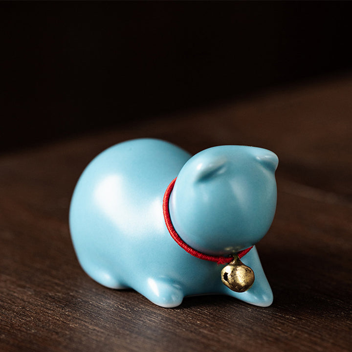 Buddha Stones Mini pequeño gato lindo té mascota cerámica hogar escritorio estatuilla decoración - Gato sentado 5*3*3cm - Azul - image 20